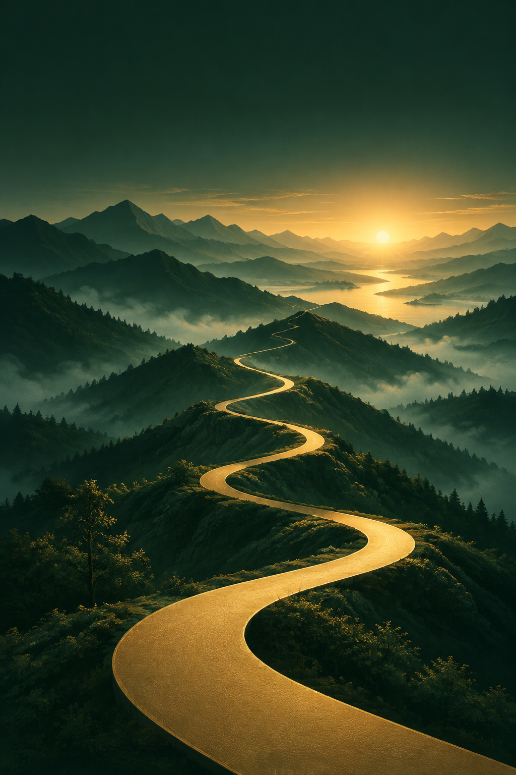 Caminho dourado através de montanhas ao amanhecer, representando o planejamento do futuro